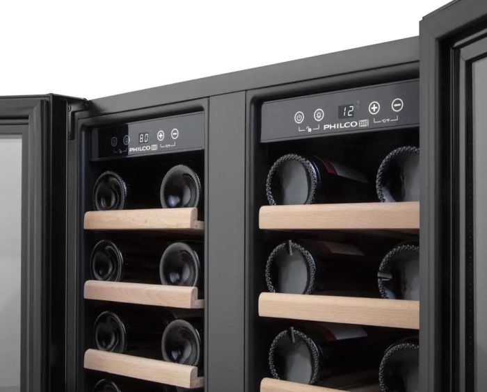 Холодильник Philco для вина, 82x59x57, холод.відд.-116л, зон - 2, бут-38, диспл, підсвітка, чорний