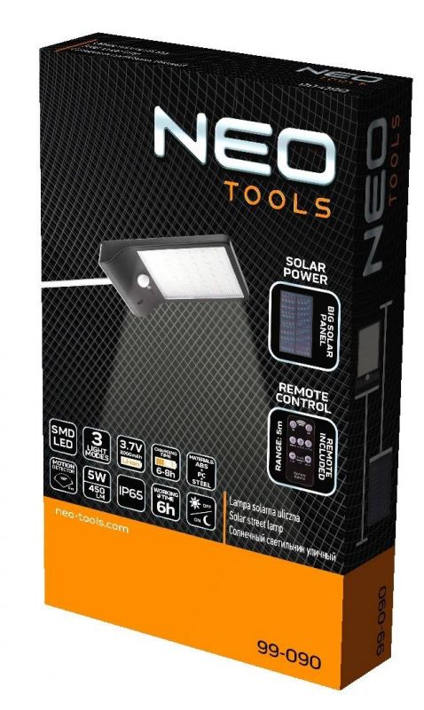 Світильник акумуляторний Neo Tools, 2000мАг, 450лм, 5Вт, живлення від сонячного світла, датчик руху, сутінків, 3 функції освітлення, пульт, IP65