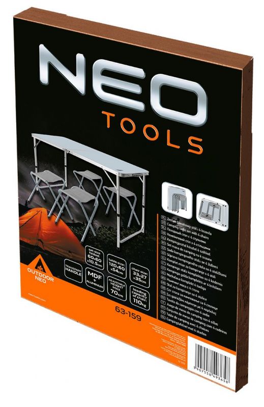 Набір стіл та стільці розкладні Neo Tools, стіл 120х60х54(74)см, 4 стільці, 6.9кг