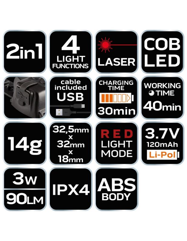 Ліхтар акумуляторний Neo Tools, 2в1, 120мАг, 90лм, 3Вт, лазер, 4 функції освітлення, IPX4