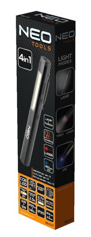 Ліхтар інспекційний акумуляторний Neo Tools, 4в1, 800мАг, 450лм, 5+3Вт, лазер, УФ лампа 365нм, IP20