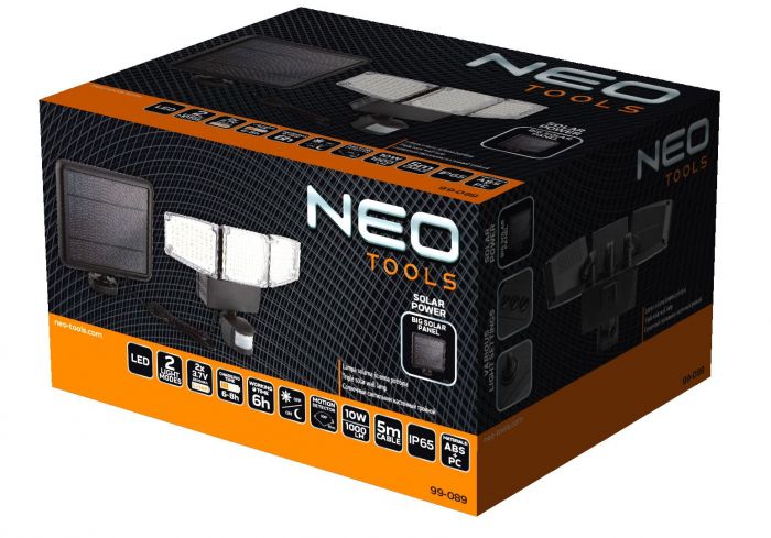 Світильник акумуляторний Neo Tools, 2200мАг, 1000лм, 10Вт, живлення від сонячного світла, датчик руху, сутінків, IP65