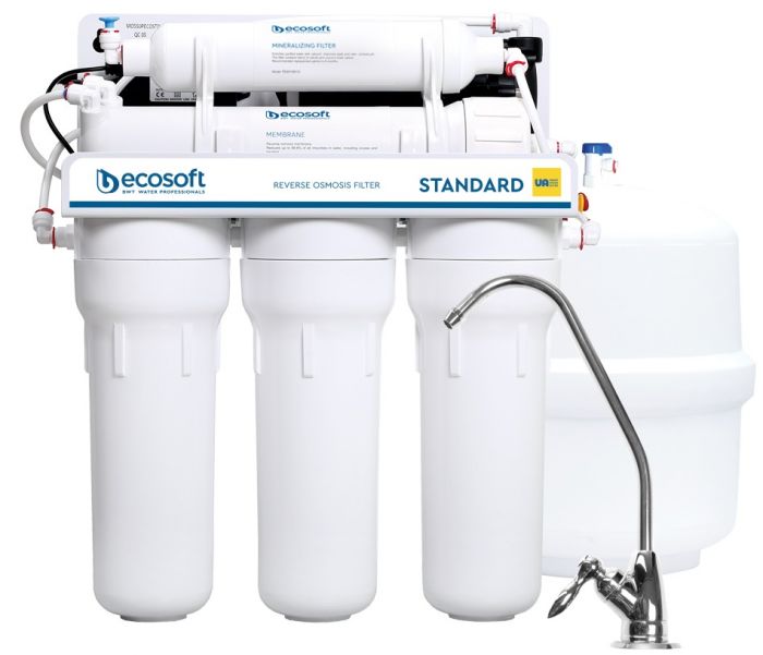 Фільтр зворотного осмосу Ecosoft Standard 5-50P PRO з помпою та мінералізатором, мембрана 50gpd, кран капля, дренаж 1:2