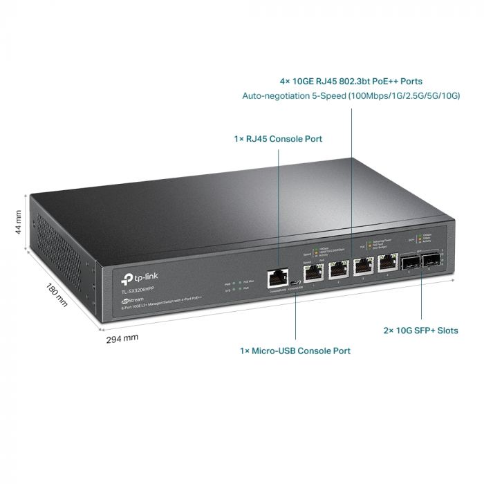 Комутатор TP-LINK  TL-SX3206HPP 2xSFP+ (10GE) 4x10GE LAN console+microUSB  L2 JetStream 19" 1U
