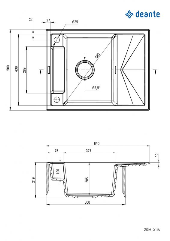 Мийка кухонна Deante Magnetic, граніт, прямокут., с крылом, 640х500х219мм, чаша - 1, врізна, антрацит