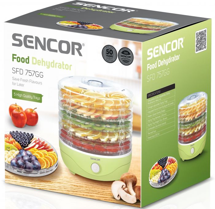 Сушка для продуктів Sencor SFD757GG, 250Вт, 5 піддонів, вис 2,5см, діаметр 23см, жовтий