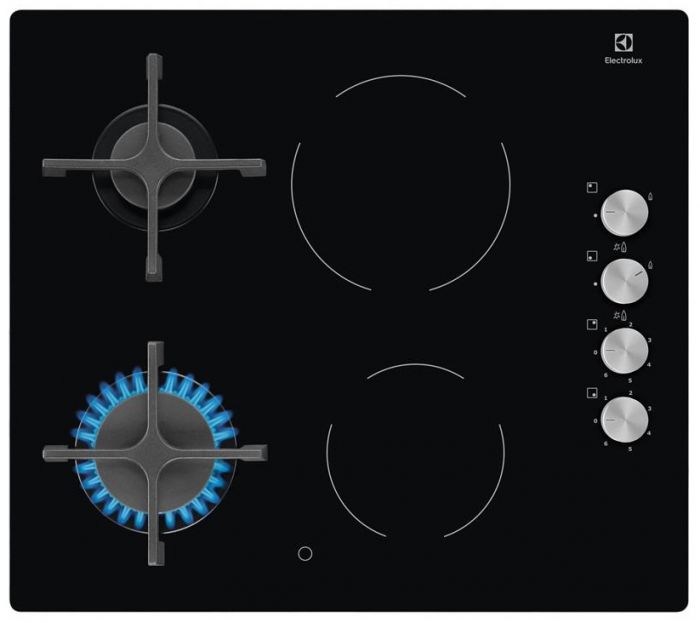 Варильна поверхня Electrolux комбінована (2 газ + 2 стеклокерам.), 60см, чавун, чорний