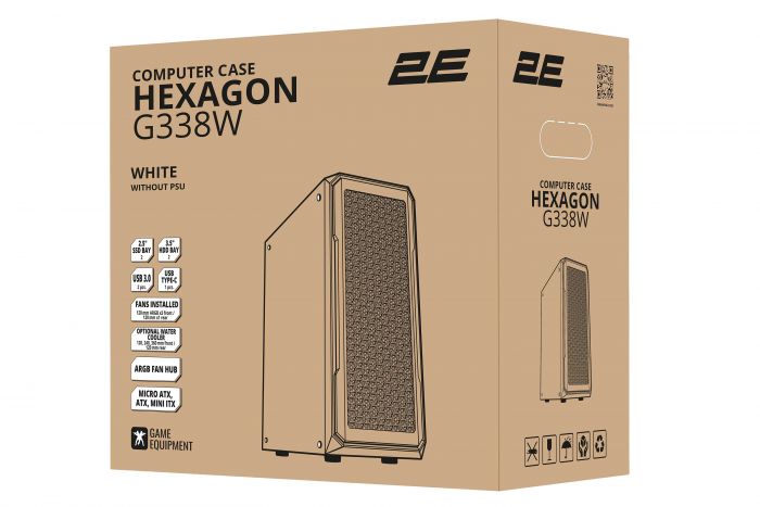 Корпус 2E Gaming Hexagon G338W, без БЖ, 2xUSB 3.0, 1xUSB Type-C, 1x120mm, 3x120mm ARGB, TG Side Panel, ATX, білий