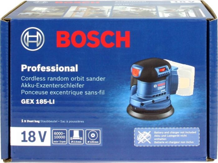 Шліфмашина ексцентрикова акумуляторна Bosch GEX 185-LI, 18В, 125 мм, 6000-10000 об/хв, 0.93 кг, без АКБ та ЗП