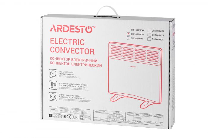 Конвектор ARDESTO CH-1000MCW, 1000 Вт, 10 м2, закритий нагрів. елемент, IP24, мех. керування, білий