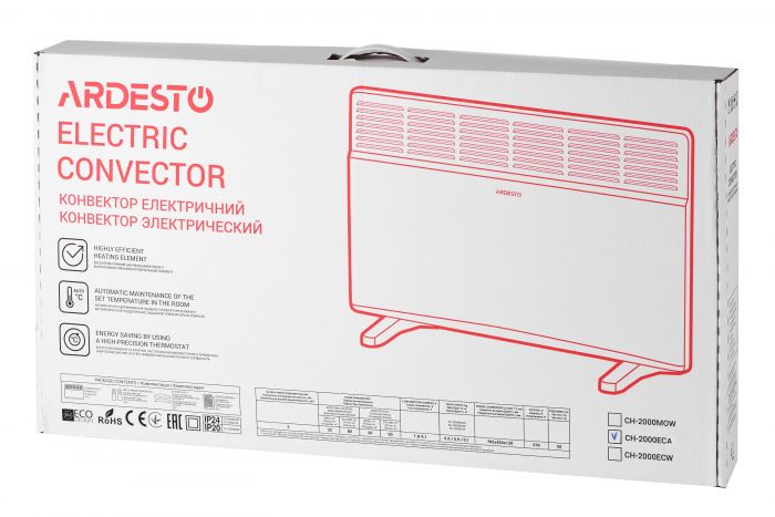 Конвектор електричний ARDESTO СН-2000ECA, 2000 Вт, 20 м2, закритий нагрів. елемент, LED-дисплей, IP24, електронне керування, тижневий програматор, антрацит матовий