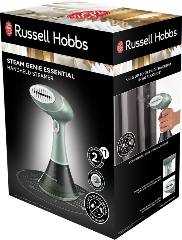 Відпарювач Russell Hobbs компактний Steam Genie Essential, 1600Вт, 220мл, паровий удар -22гр, постійна пара - 9гр, нерж. сталь, бірюзовий