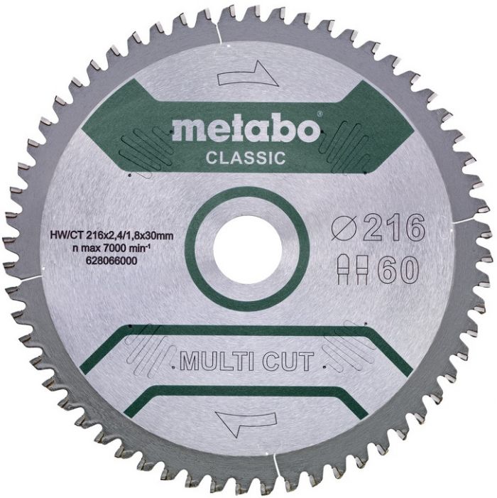 Пильне полотно Metabo MULTI CUT - CLASSIC, 216X30, Z60 FZ/TZ, 5°NEG, 216*2.4*30мм, 60 зубців, товщина 1.8мм