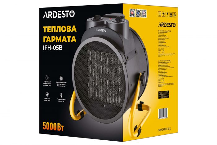 Теплова гармата електрична ARDESTO IFH-05B 5кВт, 50м2, 470м3/г, керамічний нагрів. елемент (PTC), чорний, 4кг