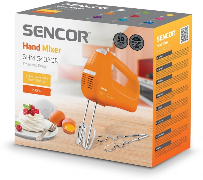 Міксер Sencor ручний, 200Вт, насадки -2, турборежим, 5 швидкостей, помаранчевий