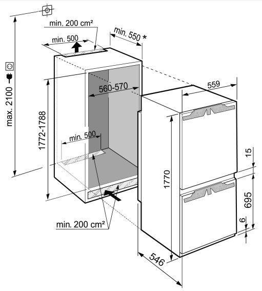 Холодильник Liebherr вбудований з нижн. мороз., 177x55.9х54.6, холод.відд.-182л, мороз.відд.-80л, 2дв., A+, ST, диспл внутр., білий