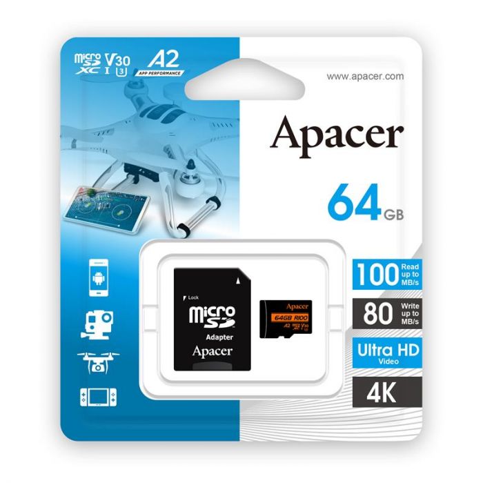 Карта пам'яті Apacer microSD  64GB C10 UHS-I U3 A2 R100/W80MB/s + SD