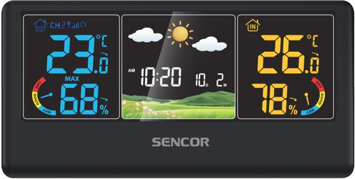 Метеостанція Sencor, внутр/зовн вимірювання, темп-ра, вологість, час, прогноз погоди, чорний