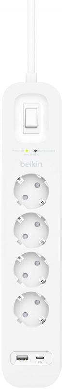 Подовжувач-фільтр мережевий Belkin 4хТип F, 3x1.5мм кв, 16А, USB-A/USB-C 18Вт, з захистом від перенапруги, 2м, білий