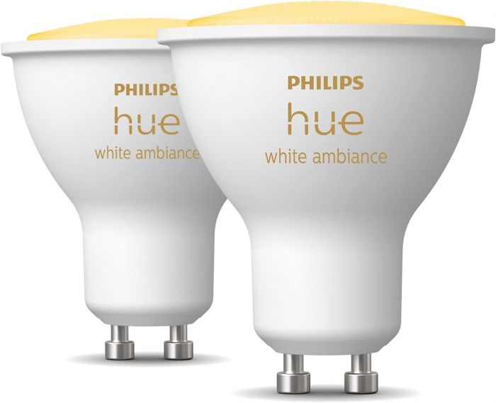 Лампа розумна Philips Hue GU10, 5W(50Вт), 2200K-6500K, Tunable white, ZigBee, Bluetooth, димування, 2шт