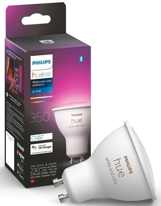 Лампа розумна Philips Hue GU10, 5.7W(50Вт), 2000K-6500K, RGB, ZigBee, Bluetooth, димування