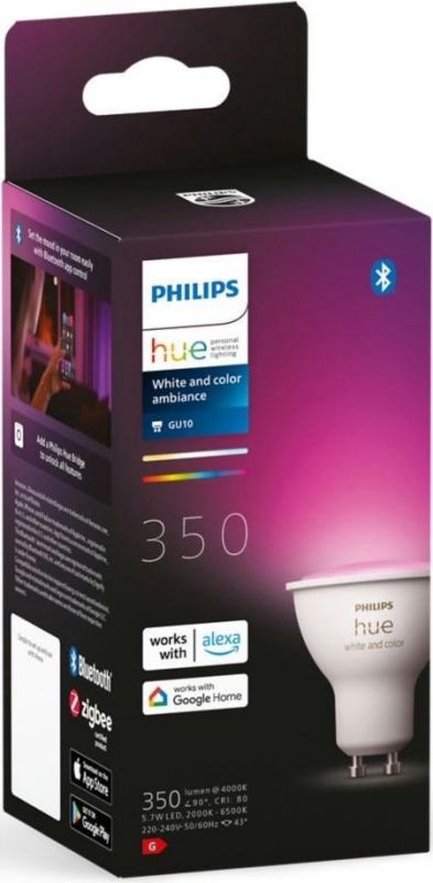 Лампа розумна Philips Hue GU10, 5.7W(50Вт), 2000K-6500K, RGB, ZigBee, Bluetooth, димування