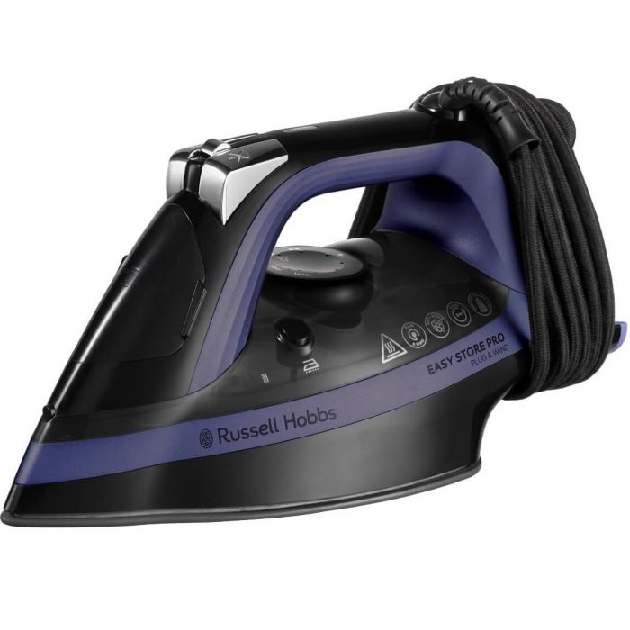 Праска Russell Hobbs Easy Store Pro, 2400Вт, 320мл, паровий удар -200гр, постійна пара - 50гр, зберігання шнура, керам. підошва, чорно-синій