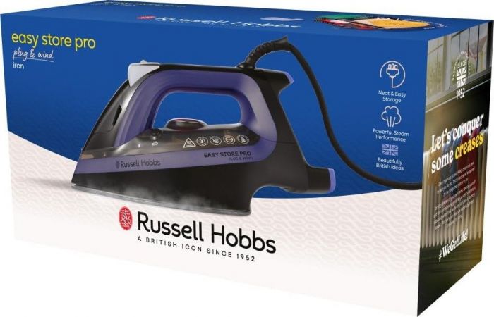 Праска Russell Hobbs Easy Store Pro, 2400Вт, 320мл, паровий удар -200гр, постійна пара - 50гр, зберігання шнура, керам. підошва, чорно-синій