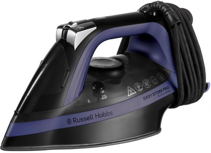 Праска Russell Hobbs Easy Store Pro, 2400Вт, 320мл, паровий удар -200гр, постійна пара - 50гр, зберігання шнура, керам. підошва, чорно-синій