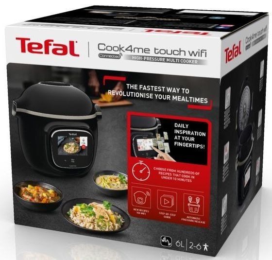Мультиварка Tefal скороварка Cook4me Touch, 1600Вт, чаша-6л, сенсорне керування, 13 програм, управл. смартф., метал, пластик, чорний