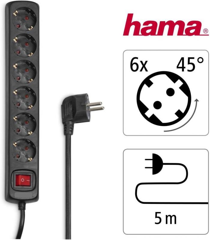 Подовжувач-фільтр мережевий Hama 6xТип F, 3x1.5мм кв, 16A, 5м, чорний
