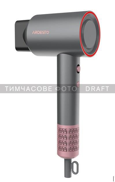Фен Ardesto Pink Touch, 1600Вт, 2 швидкості, 3темп.режими, іонізація, дифузор, магнітні насадки, сірий+рожевий