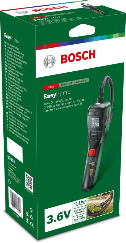 Насос акумуляторний Bosch EasyPump, 3.6 В, 3 Ач, 10.3 бар, 10 л/хв, 0.4кг (компресор автомобільний)