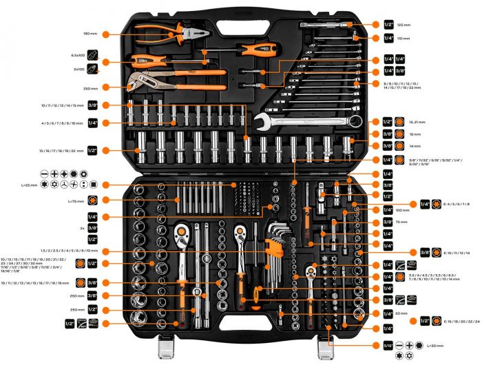 Набір інструментів Neo Tools, 233шт, 1/2", 1/4", 3/8", CrV, кейс