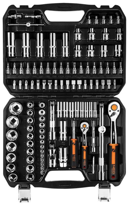 Набір інструментів Neo Tools, Набір торцевих головок, 110шт, 1/2", 1/4", CrV, кейс