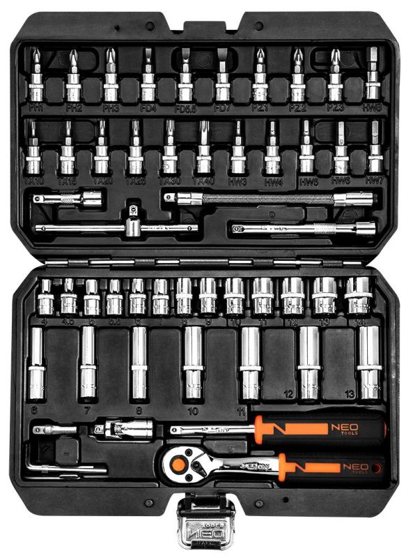 Набір інструментів Neo Tools, Набір торцевих головок, 53шт, 1/4", CrV, кейс