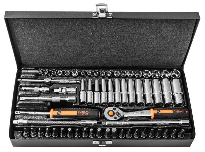 Набір інструментів Neo Tools, Набір торцевих головок, 63шт, 1/4", CrV, металевий кейс