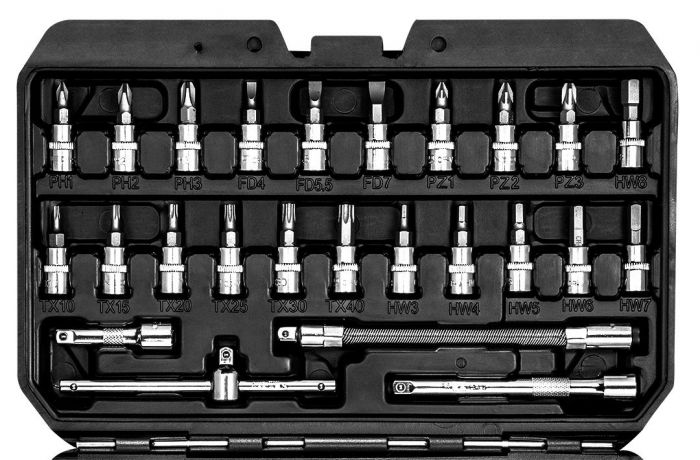 Набір інструментів Neo Tools, Набір торцевих головок, 73шт, 1/2", 1/4", CrV, кейс