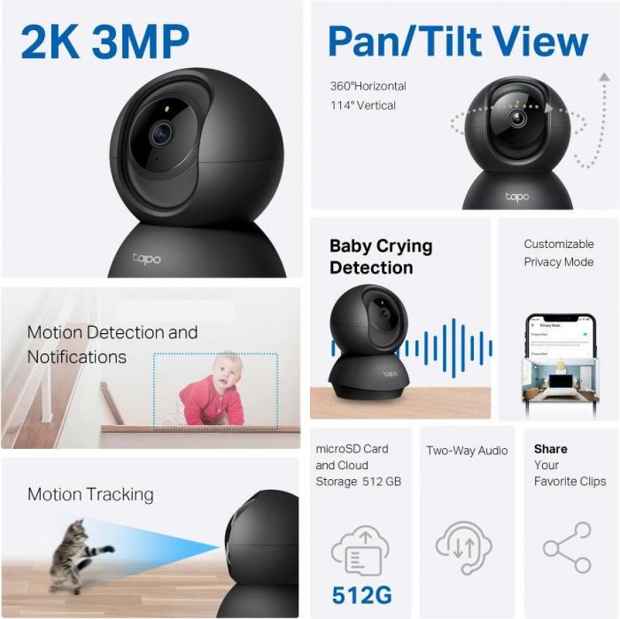 IP-Камера TP-LINK Tapo C211 3MP N300 microSD motion detection чорна