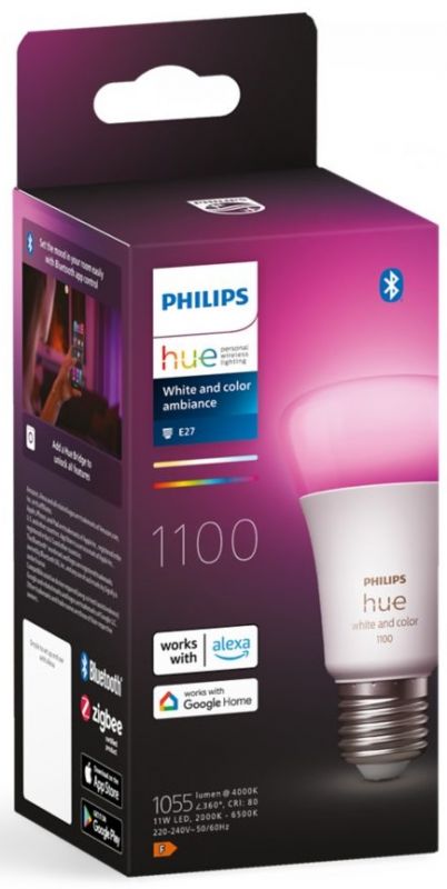 Лампа розумна Philips Hue E27, 11W(60Вт), 2000K-6500K, RGB, ZigBee, Bluetooth, димування