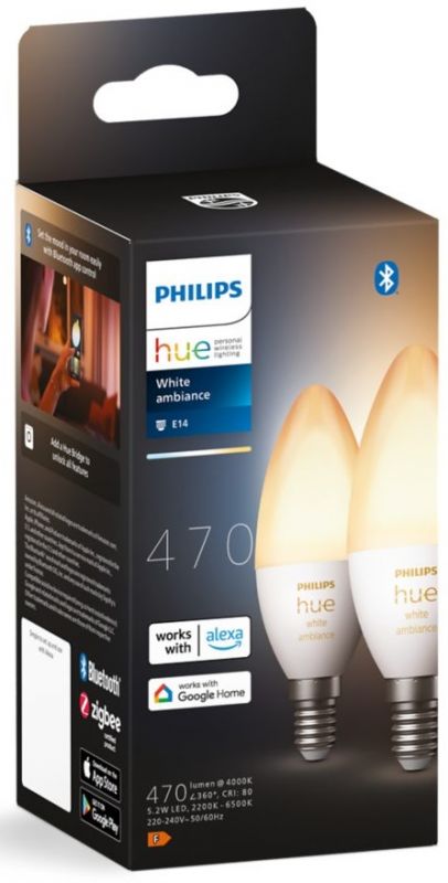 Лампа розумна Philips Hue E14, 5.2W(40Вт), 2200K-6500K, Tunable white, ZigBee, Bluetooth, димування, 2шт