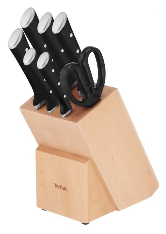 Набір ножів Tefal Ice Force, дерев'яна колода, 7шт, дерево, пластик, нержавіюча сталь, чорний