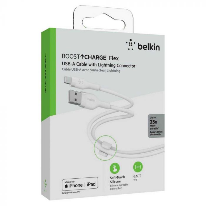 Кабель заряджання/синхронізації Belkin USB-A > Lightning, 2м, силіконовий з кліпсою, білий