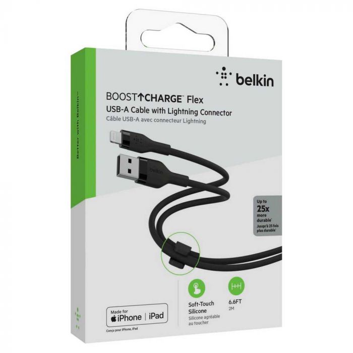 Кабель USB-A > Lightning заряджання/синхронізації Belkin, 2м, силіконовий з кліпсою, чорний