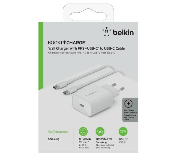 Зарядний пристрій мережевий Belkin 25Вт USB-С PD PPS, кабель USB-С > USB-C, 1м, PVC, білий