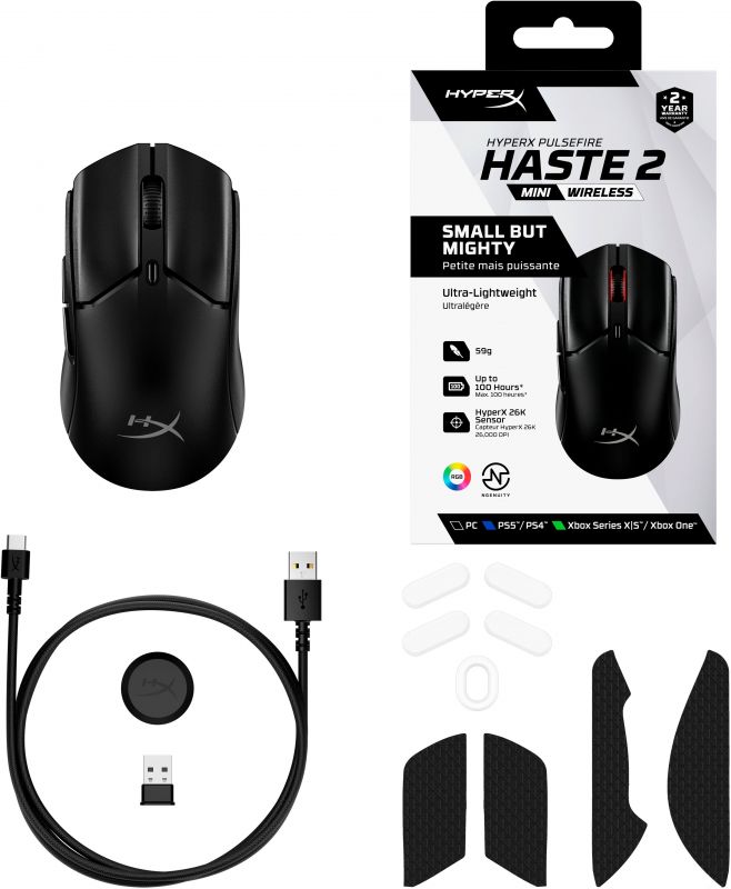 Миша HyperX Pulsefire Haste 2 mini, RGB, USB-A/WL/BT, чорний