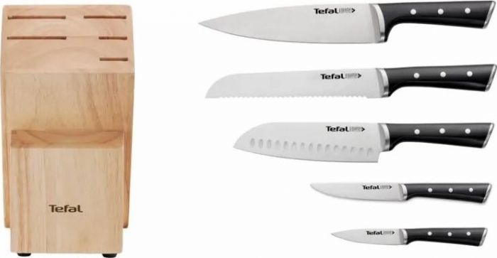 Набір ножів Tefal Ice Force, 5пр., з дерев'яною колодкою, нержавіюча сталь, платик, чорний