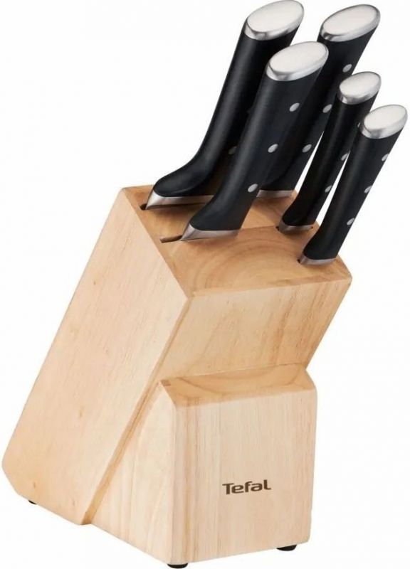 Набір ножів Tefal Ice Force, 5пр., з дерев'яною колодкою, нержавіюча сталь, платик, чорний
