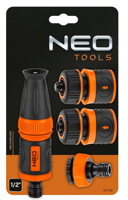 Набір для поливу Neo Tools 1/2", зрошувач ручний прямий, 2 конектори для шланга, конектор для крана 1/2"-3/4"
