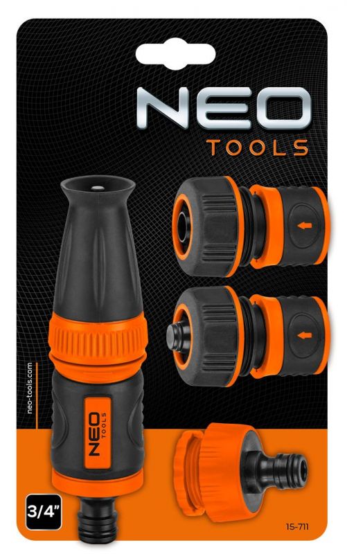 Набір для поливу Neo Tools 3/4", зрошувач ручний прямий, 2 конектори для шланга, конектор для крана 3/4"-1"